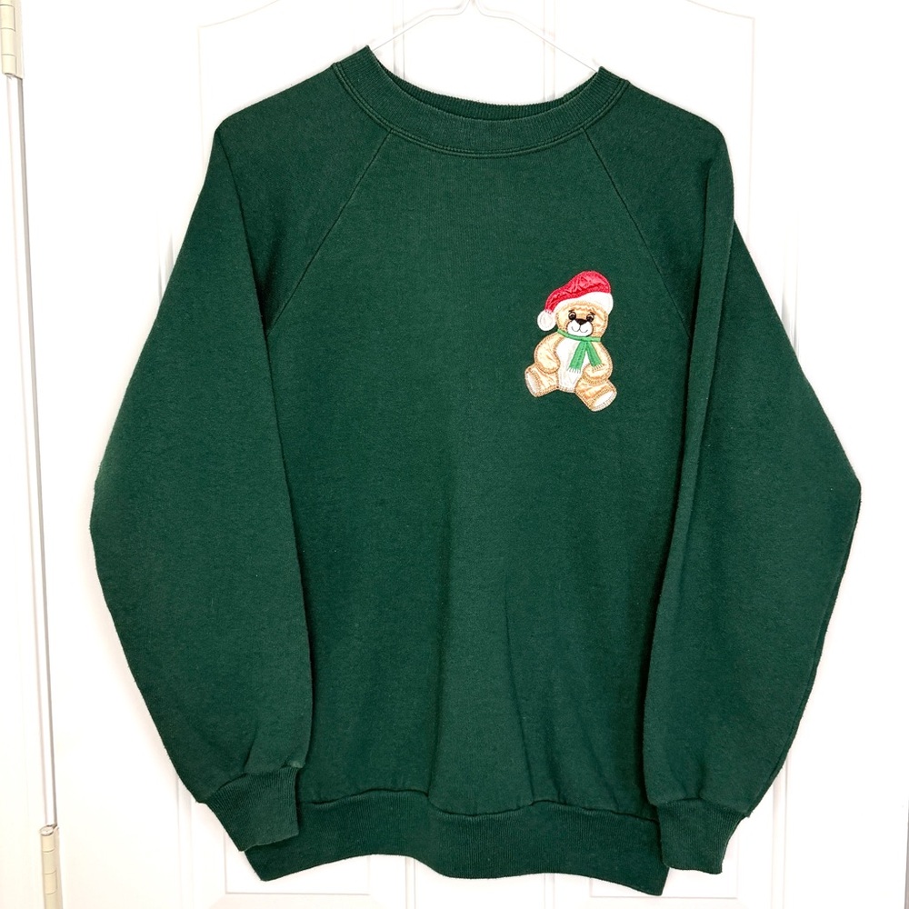 Holiday Sweatshirt Christmas Teddy Bear Green Crewneck Size Medium